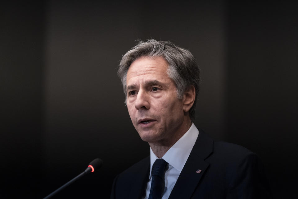 Secretary of State Antony Blinken speaks with reporters during a media availability, Wednesday, May 26, 2021, in Amman, Jordan. (AP Photo/Alex Brandon, Pool)