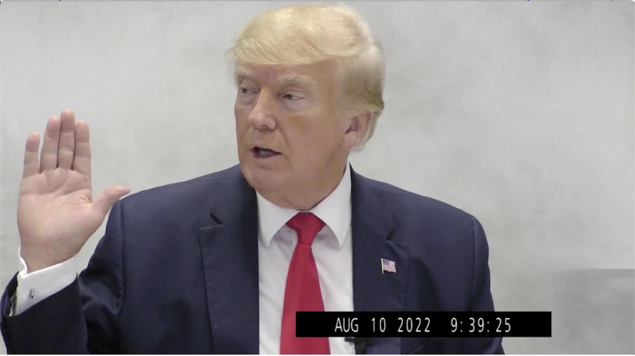 Former President Donald Trump at his deposition in a New York fraud investigation, Aug. 10, 2022.  / Credit: New York Attorney General's Office / Obtained by CBS News
