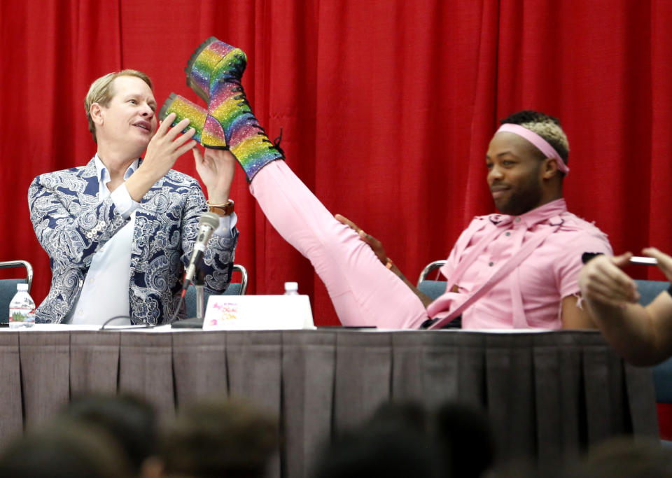 Celebrity attendees including Bachelorette star Becca Kufrin with her fiancee Garrett Yrigoyen Brandi Glanville Ru Paul Constance Zimmer and Drag Queens ham it up at Ru Paul apos s DragCon 2019 held at the Los Angeles Convention Center in downtown Los A