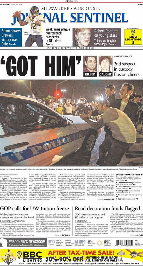 Newspaper covers of Boston bombing suspect's arrest