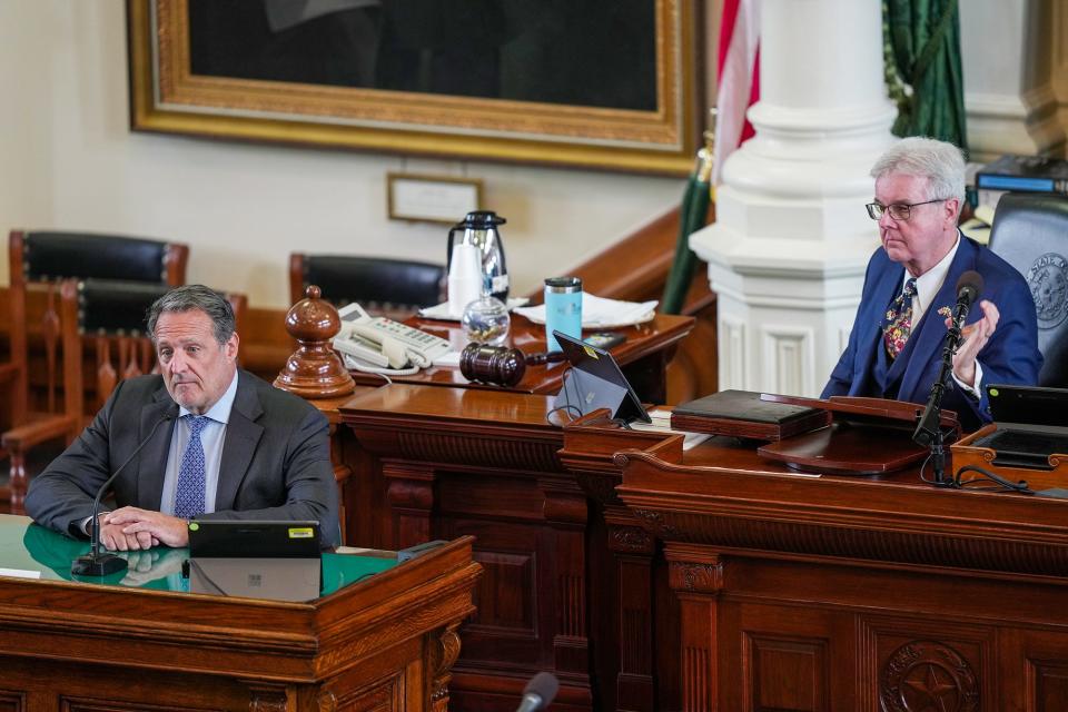 Kendall Garrison is President and Chief Executive Officer of Amplify Credit Union answer questions from Attorney Mitch Little while on the stand in the Senate chamber at the Texas State Capitol in Austin on the 6th day of the impeachment trial of Texas Attorney General Ken Paxton on Tuesday, September 12, 2023. At right, Lt. Gov. Dan Patrick looks on. Paxton pleaded not guilty last week to numerous articles of impeachment.