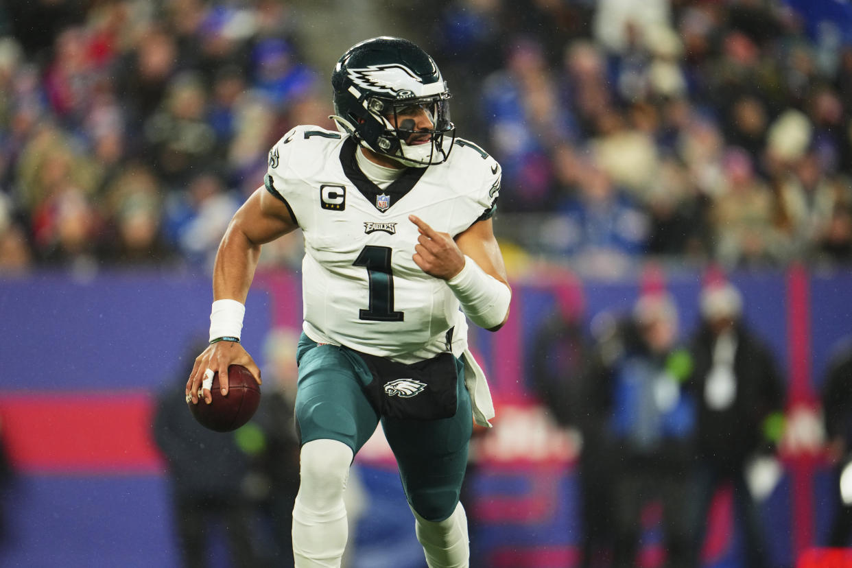 EAST RUTHERFORD, NJ - JANUARY 07: Jalen Hurts #1 of the Philadelphia Eagles drops back to pass against the New York Giants during the first half at MetLife Stadium on January 7, 2024 in East Rutherford, New Jersey. (Photo by Cooper Neill/Getty Images)