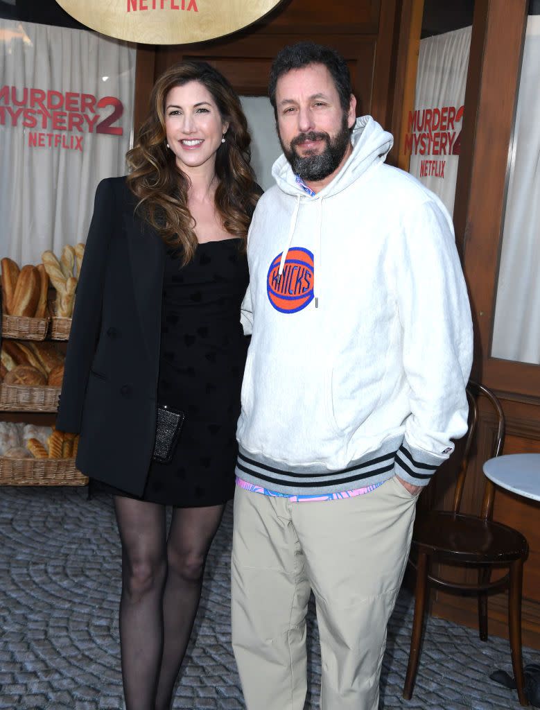 los angeles, california march 28 jackie sandler and adam sandler arrives at the los angeles premiere of netflixs murder mystery 2 at regency village theatre on march 28, 2023 in los angeles, california photo by steve granitzfilmmagic