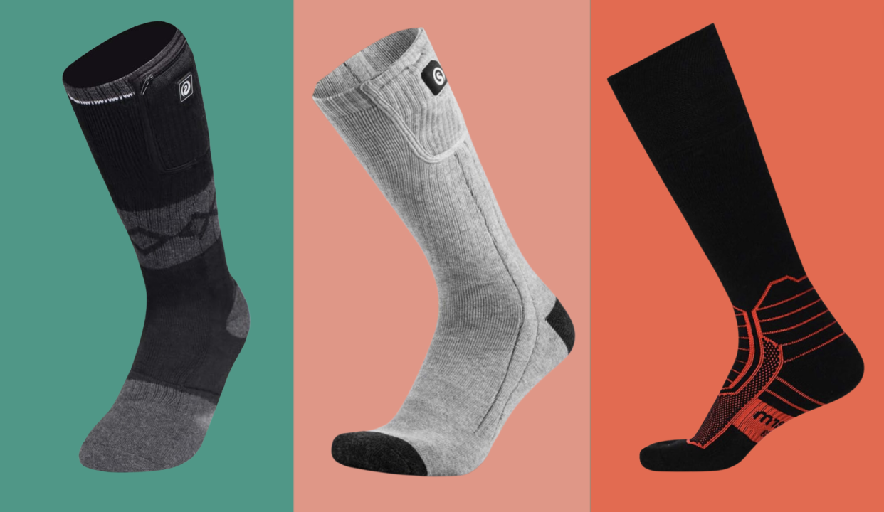 A photo collage with three heated socks.