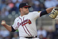 Atlanta Braves starting pitch Bryce Elder works against the Miami Marlins in the first inning of a baseball game Monday, April 22, 2024, in Atlanta. (AP Photo/John Bazemore)