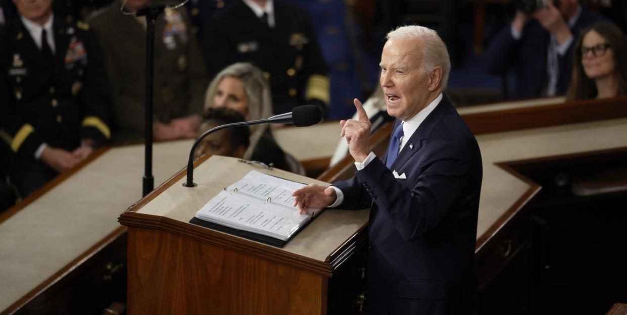 washington, dc february 07 us president joe biden delivers his state of the union address during a joint meeting of congress in the house chamber of the us capitol on february 07, 2023 in washington, dc the speech marks biden's first address to the new republican controlled house photo by chip somodevillagetty images