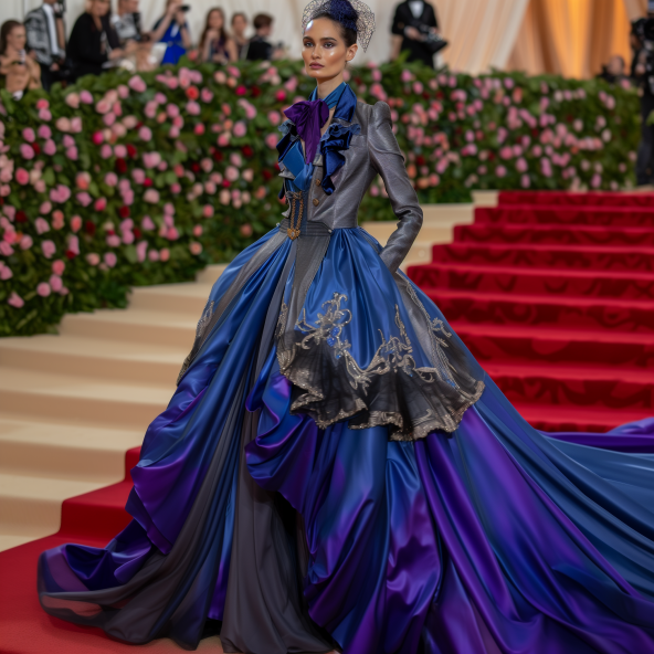 Woman in an elaborate gown with ruffles and a metallic corset, posing on the Met Gala red carpet