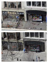 This combination of April 15, 2013 and April 10, 2014 photos show a view of Boylston Street in front of the Marathon Sports store, left, the site where the first of two bombs exploded near the finish line of the 2013 Boston Marathon, and pedestrians walking along the same sidewalk almost a year later in Boston. (AP Photo/Elise Amendola)