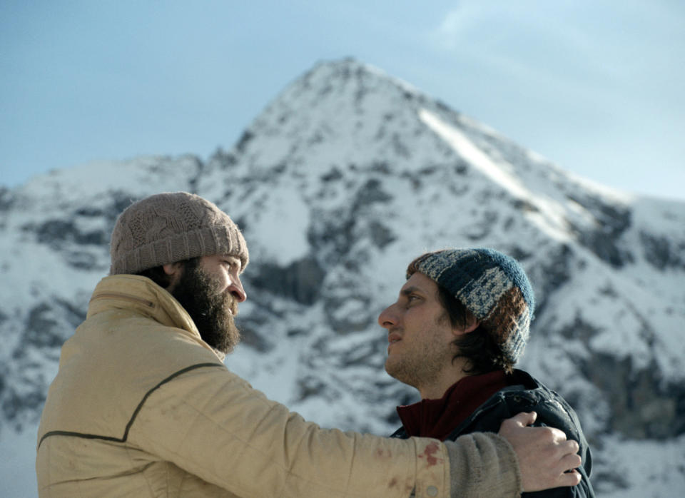 This image released by Sideshow and Janus Films shows Alessandro Borghi, left, and Luca Marinelli in "The Eight Mountains." (Sideshow and Janus Films via AP)