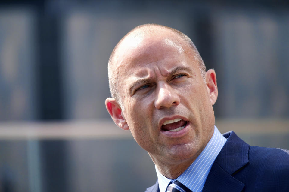 FILE - In this Friday, July 27, 2018 file photo, Michael Avenatti, the attorney for porn actress Stormy Daniels talks to the media during a news conference in front of the U.S. Federal Courthouse in Los Angeles. A federal judge has thrown out a lawsuit against President Donald Trump by porn actress Stormy Daniels that sought to tear up a hush-money settlement about an alleged affair. Judge S. James Otero ruled Thursday, March 7, 2019, in U.S. District Court that the suit was irrelevant after Trump and his former personal lawyer agreed to rescind a nondisclosure agreement Daniels signed in exchange for a $130,000 payment. (AP Photo/Richard Vogel, File)
