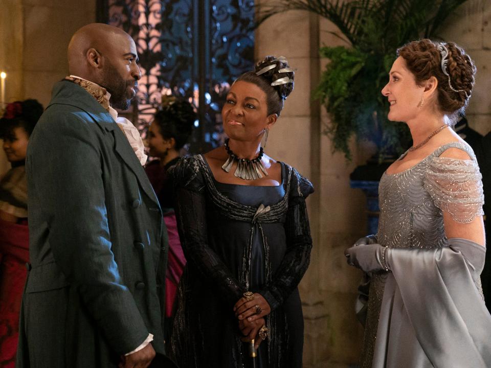 Daniel Francis as Lord Anderson, Adjoa Andoh as Lady Danbury, and Ruth Gemmell as Lady Violet Bridgerton on season three, episode four of "Bridgerton."