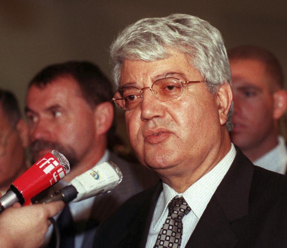 FILE - Israeli Foreign Minister David Levy, talks to the media after talks with European Parliament President Jose Maria Gil-Robles at EP headquarters, July 22, 1997, in Brussels. Levy, an Israeli politician born in Morocco who fought tirelessly against deep-seated racism against Jews from North Africa and went on to serve as foreign minister and hold other senior governmental posts, died Sunday, June 2, 2024. He was 86. (AP Photo/Jacques Collet, File)