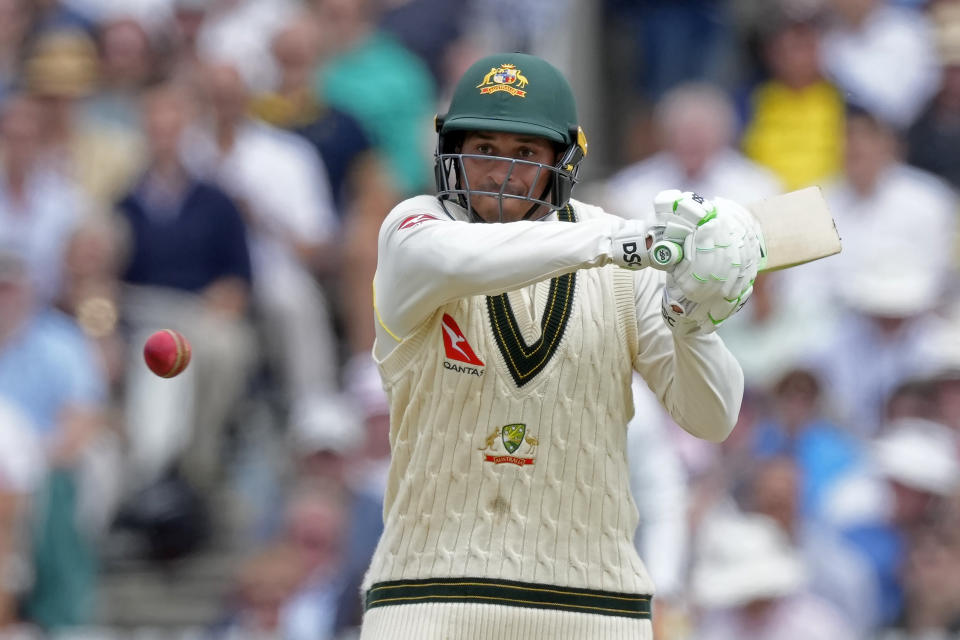 Australia's Usman Khawaja prepares to play a shot during the fourth day of the second Ashes Test match between England and Australia, at Lord's cricket ground in London, Saturday, July 1, 2023. (AP Photo/Kirsty Wigglesworth)