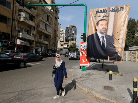 A poster depicting Saad al-Hariri, who has resigned as Lebanon's prime minister is seen in Beirut, Lebanon, November 13, 2017. REUTERS/Mohamed Azakir