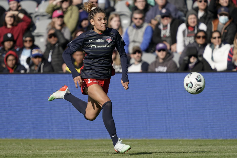 FILE - Washington Spirit forward Trinity Rodman (2) plays during the second half of the NWSL Championship soccer match against Chicago Red Stars Saturday, Nov. 20, 2021, in Louisville, Kentucky. A number of U.S. women's national team veterans were left off of coach Vlatko Andonovski's January training camp roster as the squad prepares its younger players for World Cup qualifying this summer. Rodman is on the roster. (AP Photo/Jeff Dean, File)