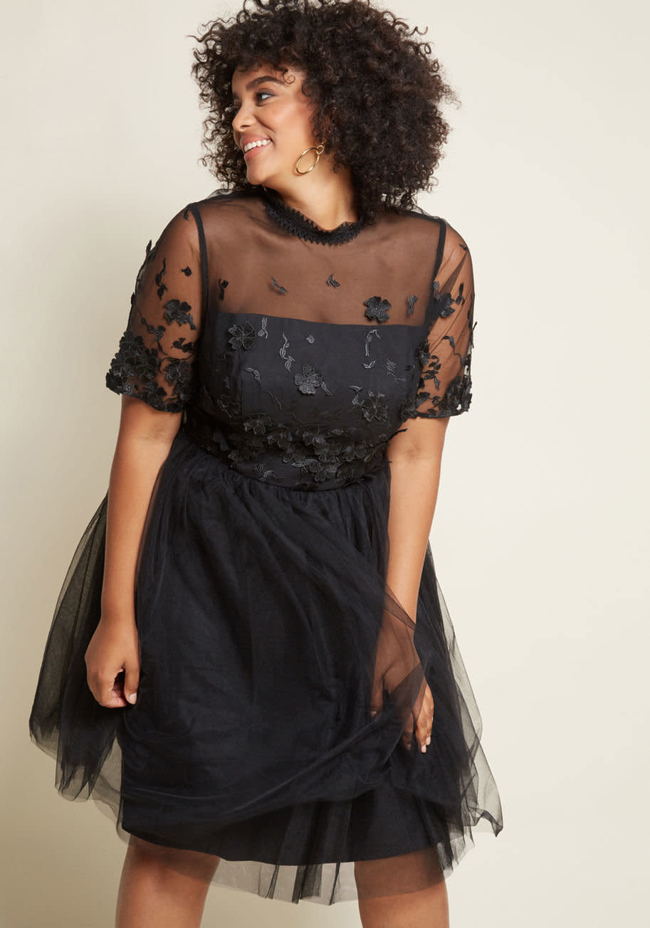 <strong>Sizes</strong>: 2 to 26<br /><a href="https://www.modcloth.com/shop/dresses/chi-chi-london-admired-stylista-fit-and-flare-dress-chi-chi-london-in-black/160097.html" target="_blank" rel="noopener noreferrer">Get it at Modcloth</a>, $149.&nbsp;