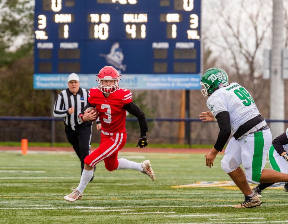 Canisteo-Greenwood's speedy senior running back Keegan Foote looks for the edge in the 8-man Section V finals Saturday afternoon. Pembroke doubled up C-G, 40-20.