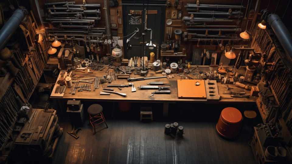 An overhead aerial shot of a gunsmiths workshop, surrounded by tools of the trade.