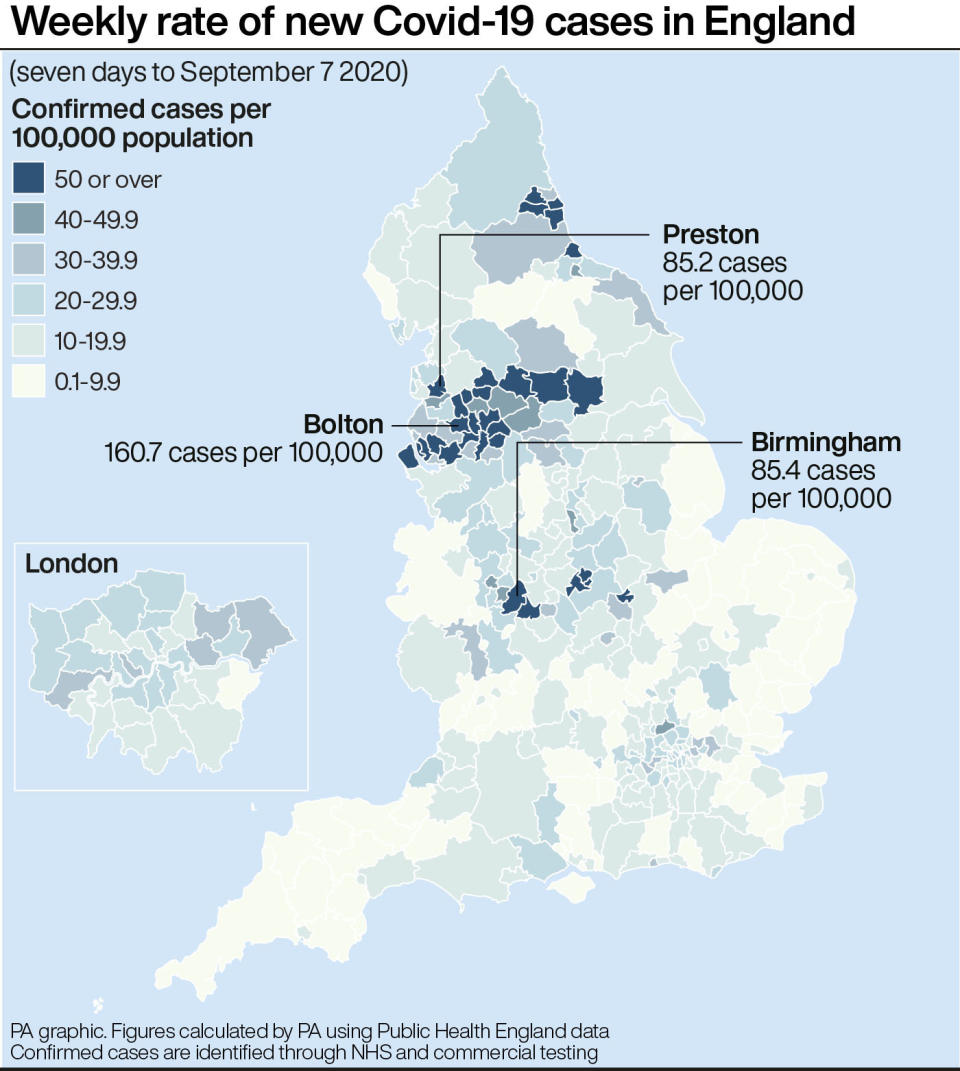 Where the latest COVID cases have been confirmed. (PA Graphics)