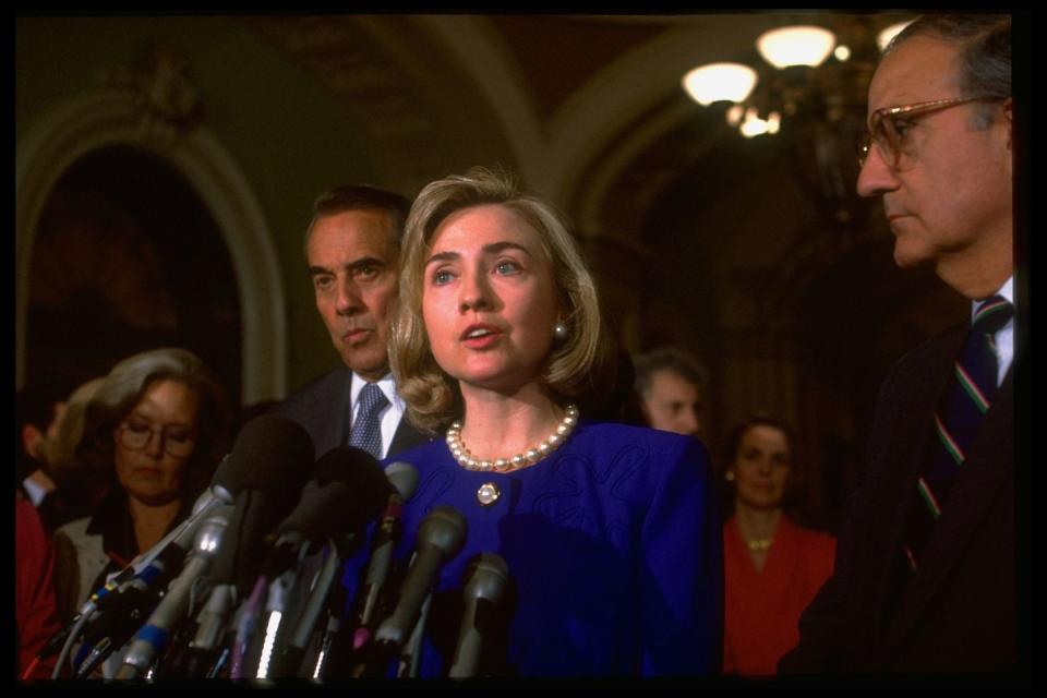 hillary rodham clinton c, health care reform spokeswoman, speaking with the press on the hill