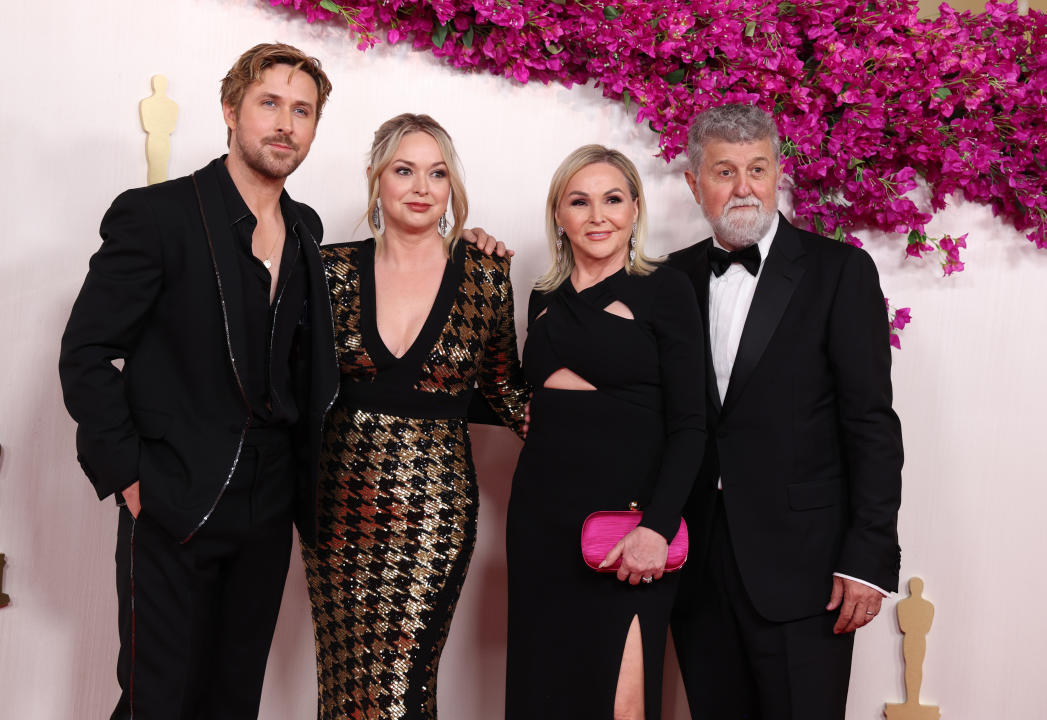 HOLLYWOOD, CALIFORNIA - MARCH 10: (L-R) Ryan Gosling, Mandi Gosling, Donna Gosling, and Valerio Attanasio attend the 96th Annual Academy Awards on March 10, 2024 in Hollywood, California. (Photo by Kevin Mazur/Getty Images)