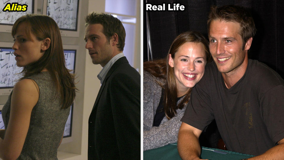 side by side of Jennifer Garner and Michael Vartan in Alias and hanging out as a real-life couple