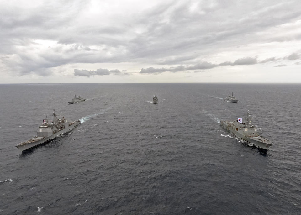 In this photo provided by South Korea Defense Ministry, the USS Robert Smalls cruiser, front left, South Korean Navy's Yulgok Yi I destroyer, front right, South Korean Navy's Dae Jo Yeong destroyer, rear left, combat support ship Cheonji and the USS Shoup destroyer, rear right, sail during a joint naval exercise in South Korea's East Sea, Monday, Sept. 25, 2023. North Korea on Monday called South Korean President Yoon Suk Yeol 