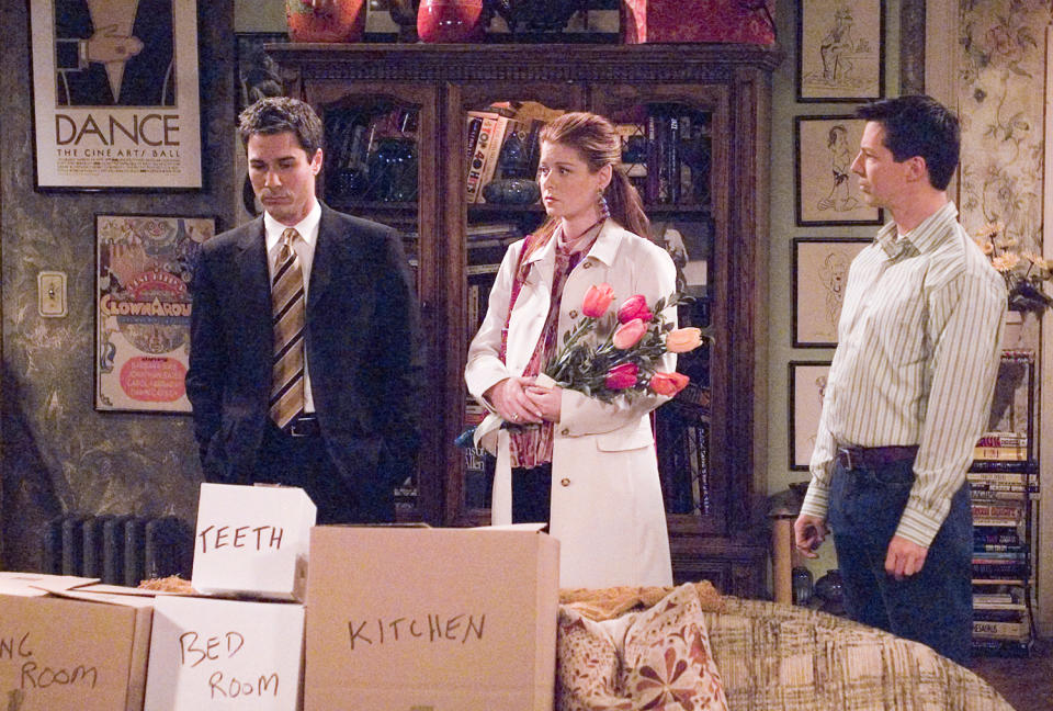 <p>Messing didn't fool anyone while pregnant during <em>Will and Grace'</em>s sixth season, though she attempted to hide her bump with everything from flowers to towels. No matter what, it was always pretty obvious that the star was expecting.</p> <p>Messing ended up not appearing in the last four episodes of the season because she was put on bed rest. </p>