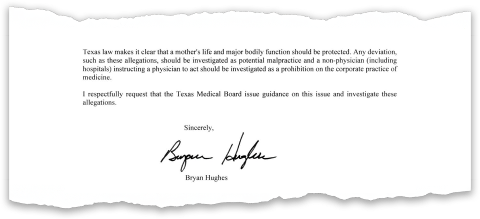 A letter from Texas state Sen. Bryan Hughes, a Republican who sponsored the state’s six-week abortion ban.