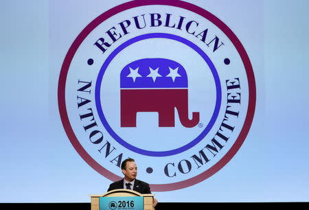 Republican National Committee Chairman Reince Priebus introduces Florida Gov. Rick Scott during a luncheon at the Republican National Committee Spring Meeting at the Diplomat Resort in Hollywood, Florida April 21, 2016. REUTERS/Joe Skipper/File Photo