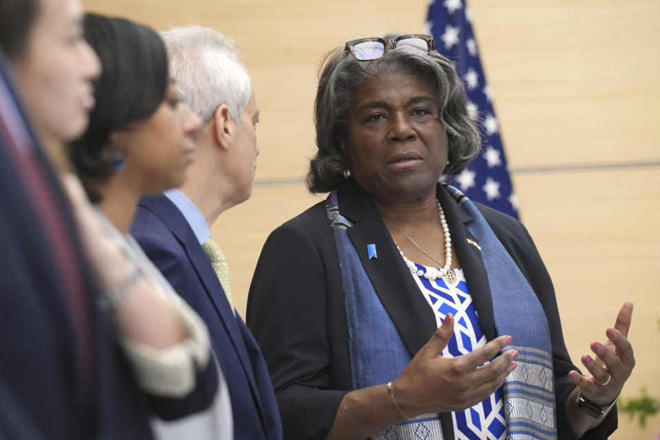 U.S. Ambassador to United Nations Linda Thomas-Greenfield, right, speaks to Rahm Emanuel, U.S. Ambassador to Japan, second right, as they wait for a meeting with Japan's Prime Minister Fumio Kishida Friday, April 19, 2024, at prime minister's office in Tokyo. (AP Photo/Eugene Hoshiko, Pool)