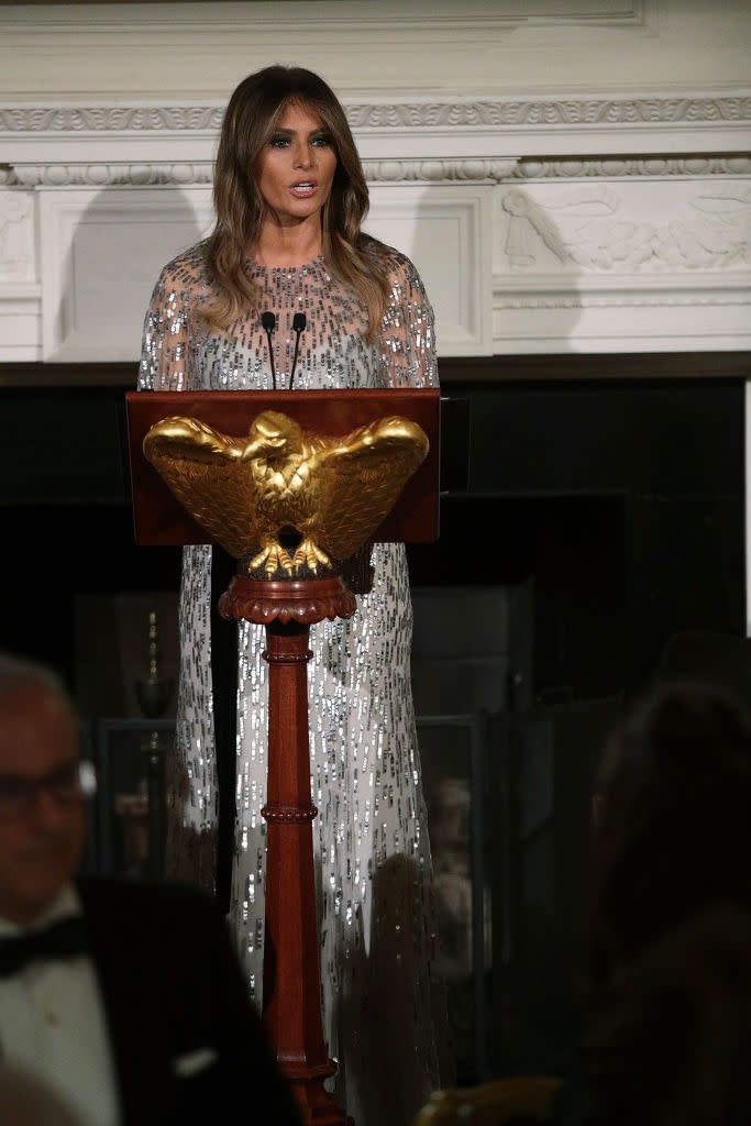 <p>The First Lady spoke at the White House Historical Association reception in a Monique Lhuillier gown.</p>