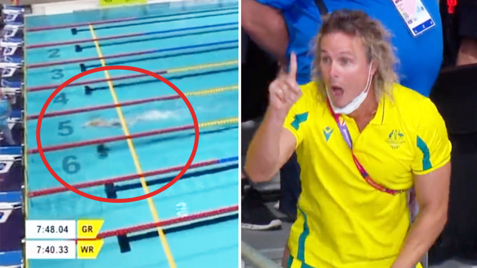 Swimmer Ariarne Titmus (pictured left) winning the race for Australia in the 4x200m relay and (pictured right) coach Dean Boxall celebrating.