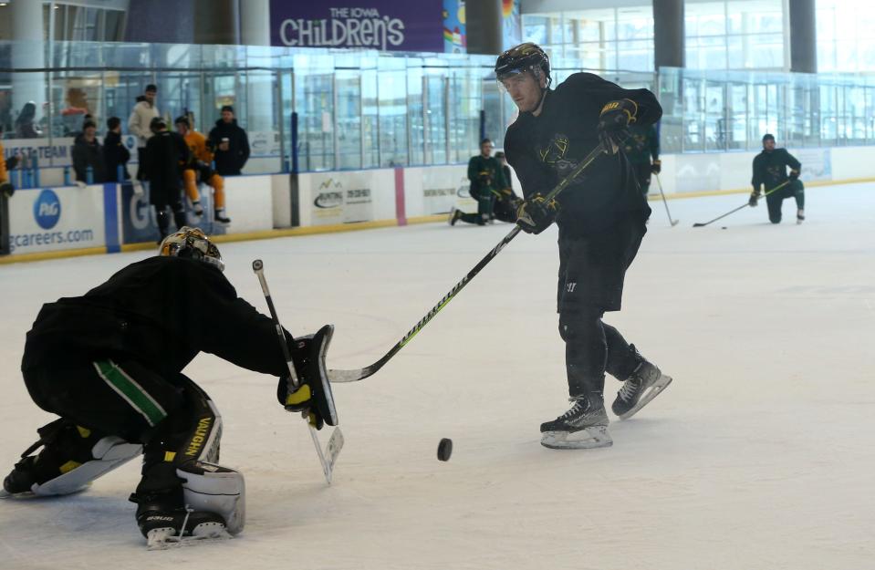 The Iowa Heartlanders hockey team practices Wednesday, Feb. 28, 2024 at The Rink at Coral Ridge in Coralville, Iowa.