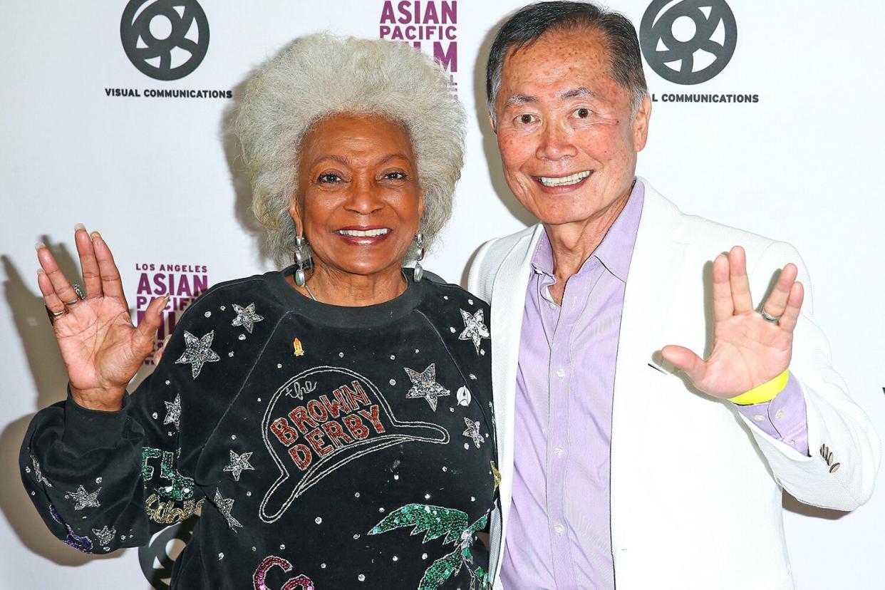 LOS ANGELES, CA - MAY 01: Actress Nichelle Nichols (L) and actor George Takei attend the 2014 LA Asian Pacific Film Festival opening night for 'To Be Takei' at Directors Guild Of America on May 1, 2014 in Los Angeles, California. (Photo by Imeh Akpanudosen/Getty Images)