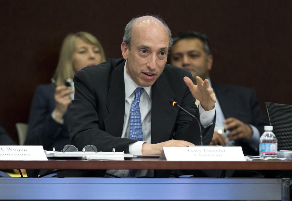 FILE - In this April 30, 2013 file photo, then Commodity Futures Trading Commission chairman Gary Gensler speaks during a meeting in Washington. Vice President-elect Joe Biden announced his intent to nominate Gensler as the next chair of the Securities and Exchange Commission.(AP Photo/Evan Vucci)