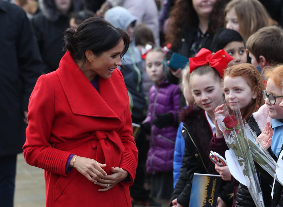 The Duchess of Sussex wearing Bar Jewellery's 'Wide Ripple Bracelet' in Birkenhead in January 2019 [Photo: PA]