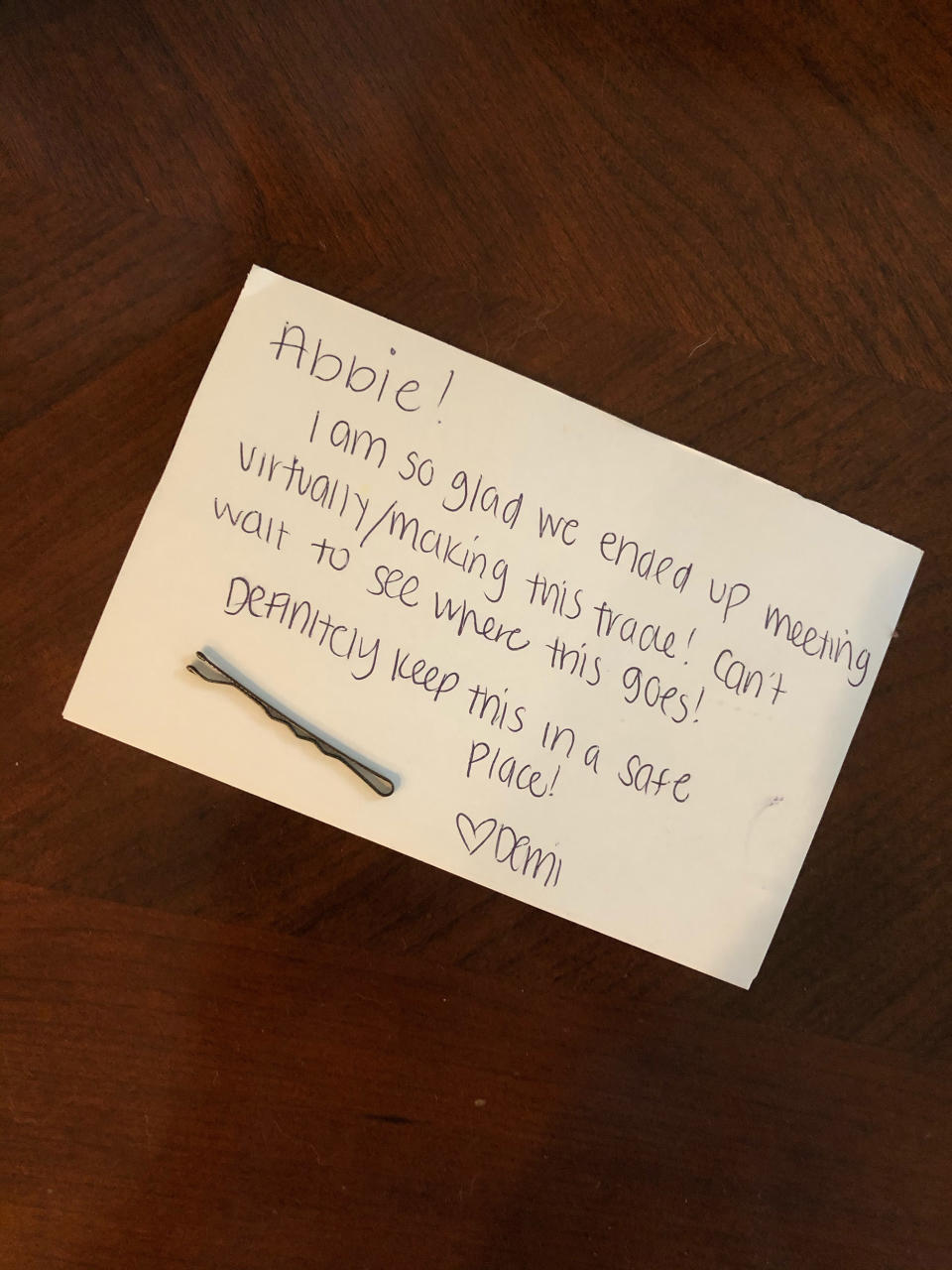 Skipper sent the bobby pin to Abbie Collie along with this note. (Courtesy Abbie Collie)