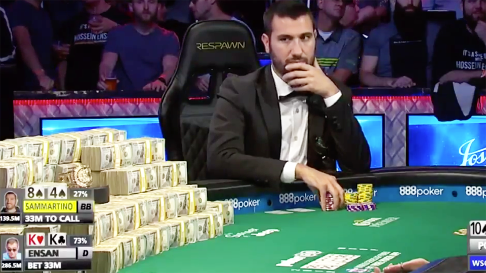 Dario Sammartino went all-in when he maybe shouldn't have, missing the $14 million prize. Image: World Series of Poker