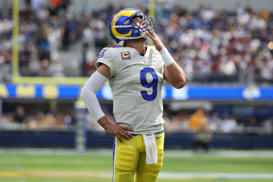 Matthew Stafford has thrown an interception in seven of his 10 road games as quarterback for the Los Angeles Rams. (Photo by Jevone Moore/Icon Sportswire via Getty Images)