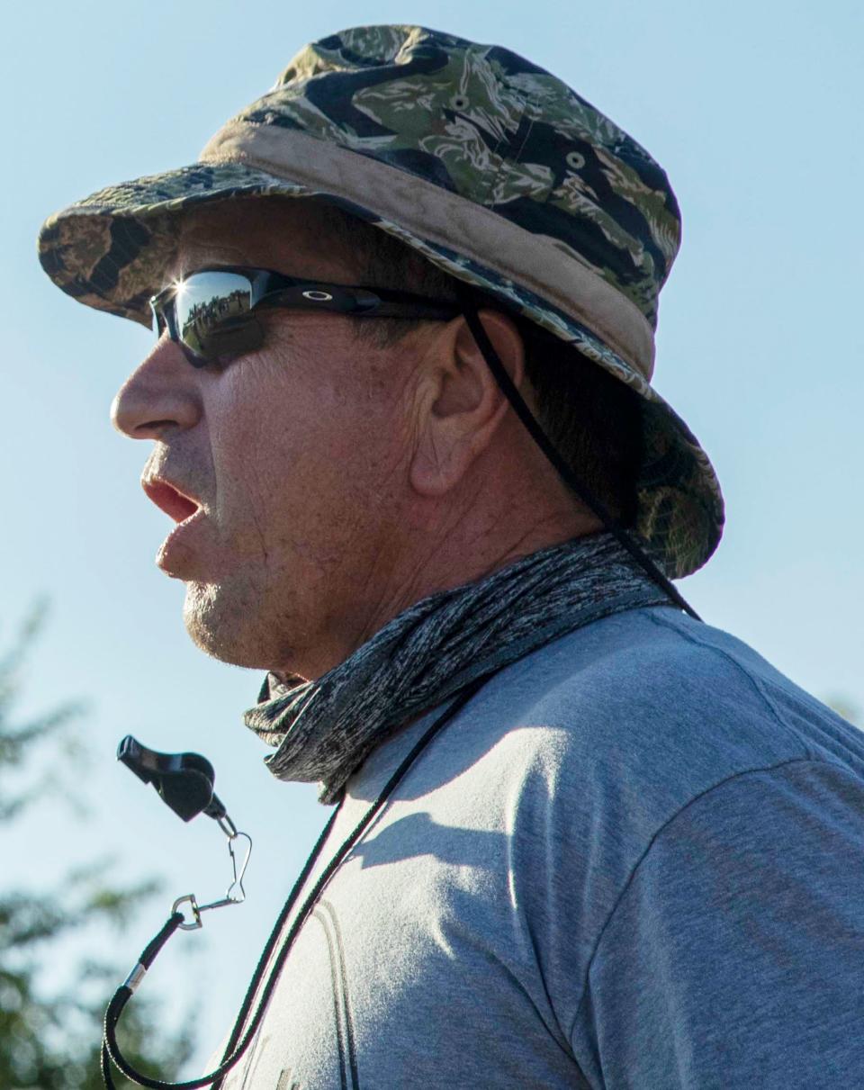 Hamilton High School football defensive coordinator Tim Dougherty during a practice at the school stadium.