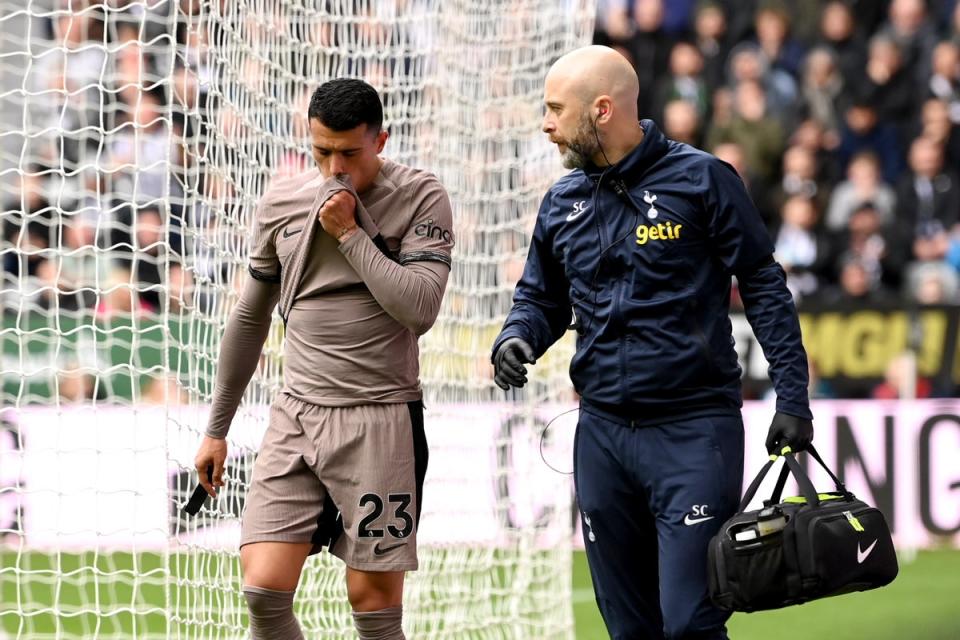 Setback: Pedro Porro was forced off in Tottenham’s heavy defeat at Newcastle (Getty Images)