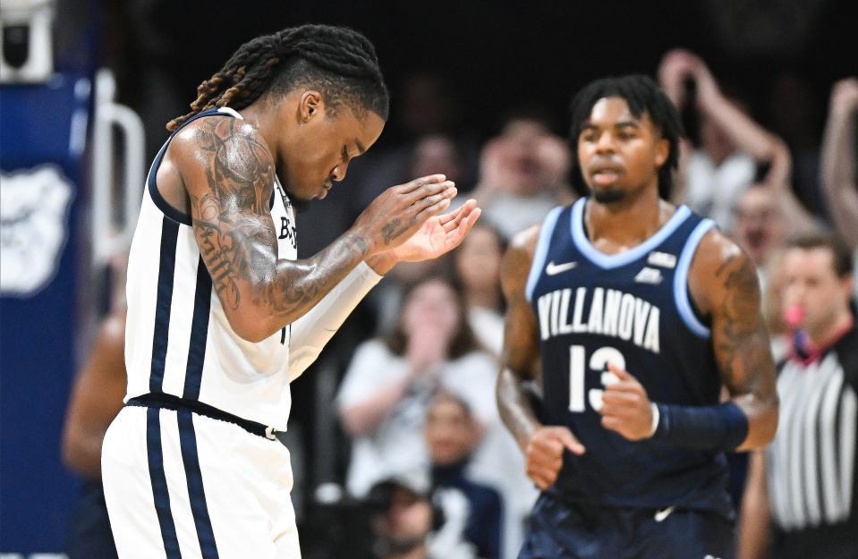 Jan 27, 2024; Indianapolis, Indiana, USA; Butler Bulldogs guard Jahmyl Telfort (11) celebrates against the Villanova Wildcats during the first half at Hinkle Fieldhouse.