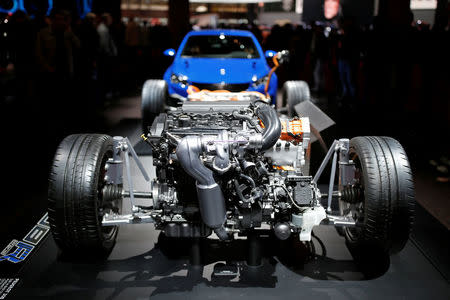 A Peugeot 308 R Hybrid engine is displayed at the Paris auto show, in Paris, France, October 14, 2016. REUTERS/Benoit Tessier