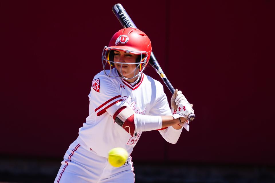 Utah infielder Aliya Belarde (23) watches the ball during an NCAA softball game between Utah and UCLA at Dumke Family Softball Stadium in Salt Lake City on April 29, 2023. | Ryan Sun, Deseret News