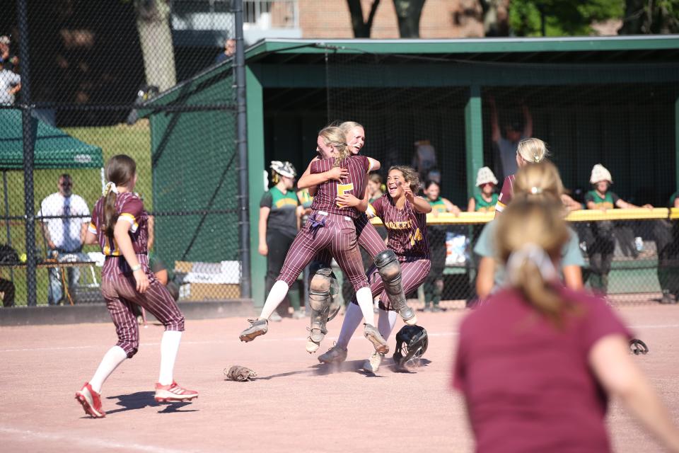 Richford celebrates after winning the D-IV softball state championship at Castleton on Saturday, June 15, 2024.