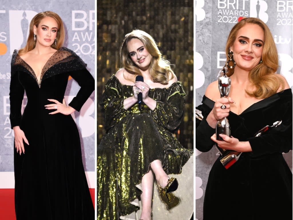 Adele lució tres estilos de hombros descubiertos en los Brit Awards 2022 (Getty)