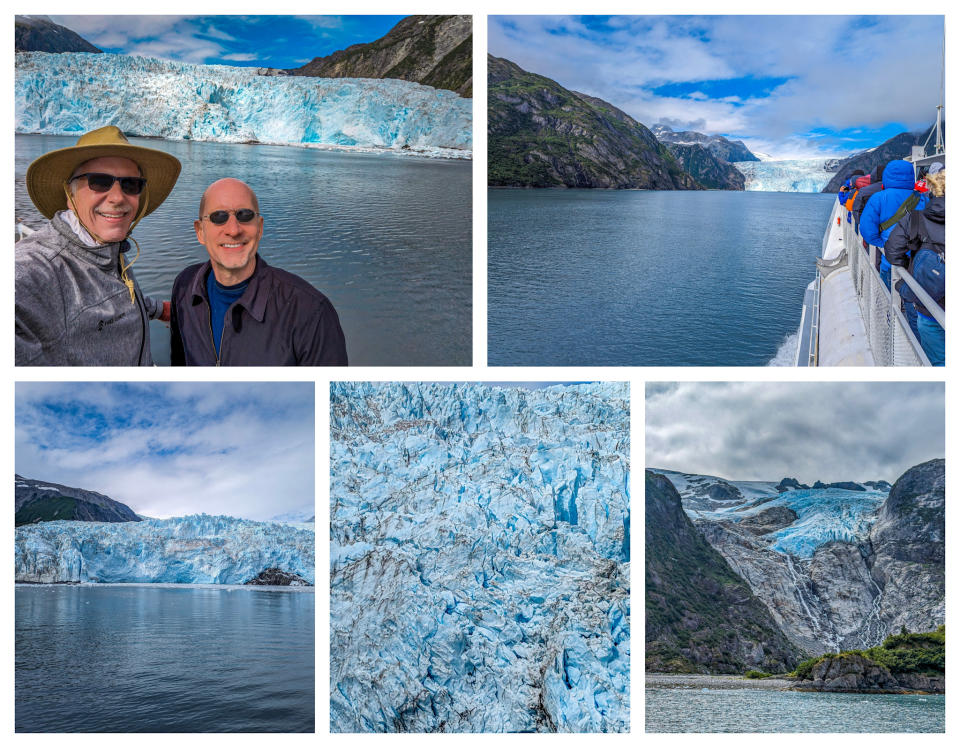 Collage showing Brent and Michael looking at a glacier and various other shots of glaciers. 