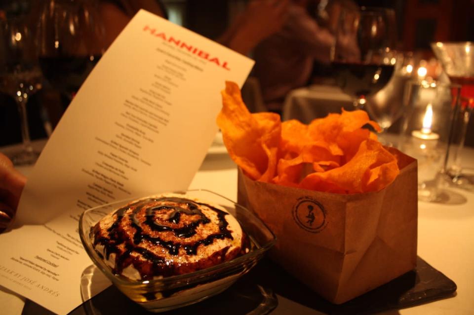 Sweet potato chips, with a yogurt and tamarind dipping sauce.