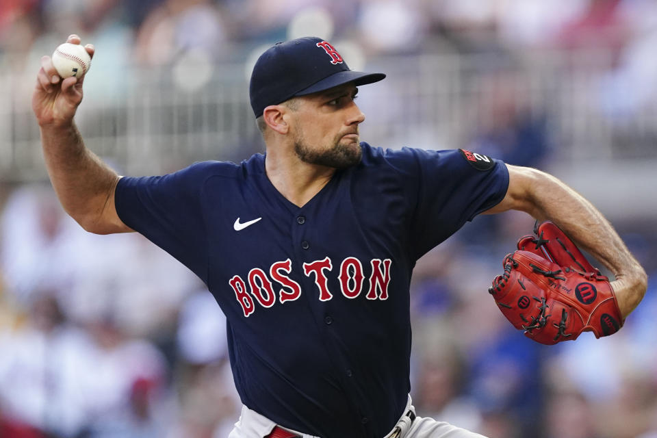 Boston Red Sox starting pitcher Nathan Eovaldi delivers to an Atlanta Braves batter in the first inning of a baseball game Wednesday, May 11, 2022, in Atlanta. (AP Photo/John Bazemore)